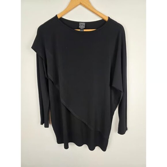 Tops - Clara Sun Woo Black Tunic Top Medium Asymmetric Hem Long Sleeve Made in USA